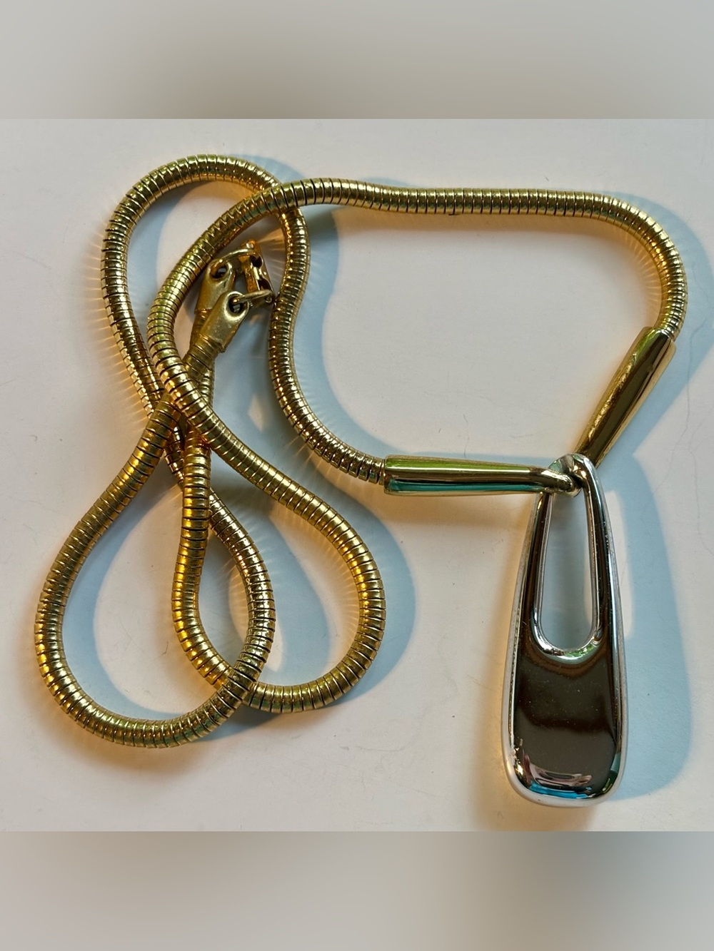 Vintage 80s Napier Two-Tone Modernist Pendant Necklace Snake Chain